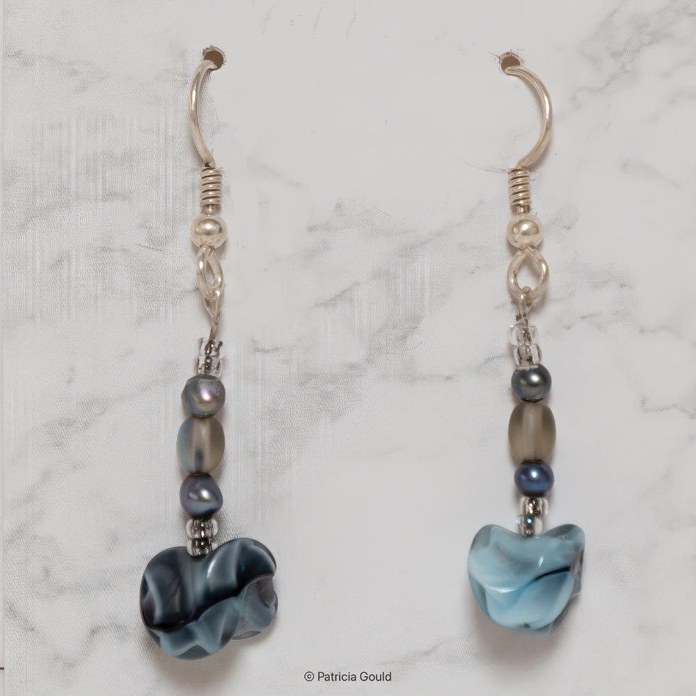 New - EA25 -Earrings - swirled glass beads and fresh water pearls, one of a kind